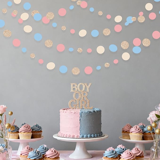 Champagne Gold Dusty Pink Blue Cream Beige Circle Dot Hanging Streamer Polka Dot Garland Banner for Baby Shower Birthday Wedding Bridal Shower Engagement Boho Gender Reveal Party Decorations Supplies