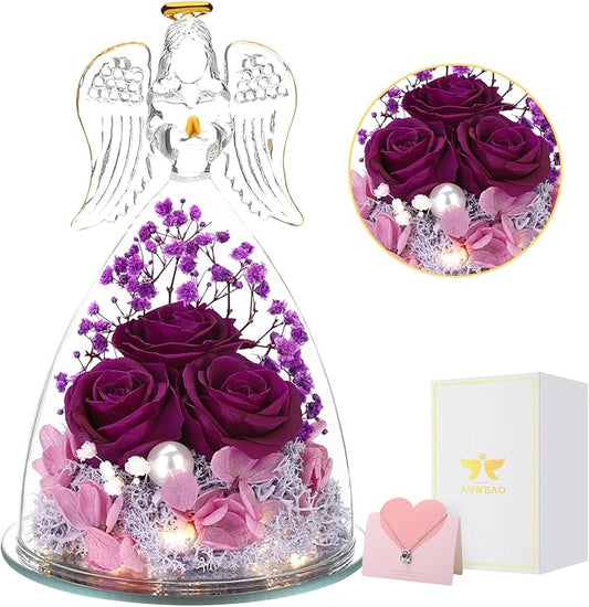 ANWEAO Christmas Angel Rose Gifts for Her, Glass Angel Figurine with Three Roses Gifts,Preserved Forever Real Rose Gifts for Women, Angel Guardian with Rose Flower Gifts, Birthday Gifts for Women