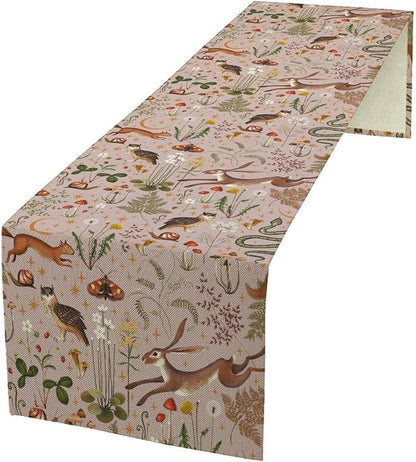 Rustic Forest Table Runner, Farmhouse Pink Woodland Hare Squirrel Owl Flowers Mushroom Print Table Runner for Holiday Kitchen Dinning Table Indoor Outdoor Home Party, 13x60inch