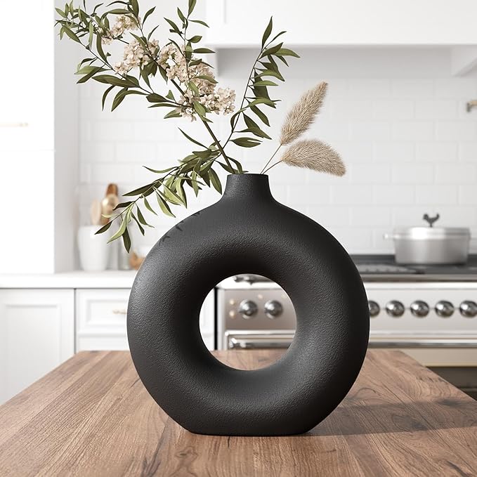 7.6 Inch Black Donut Vase for Pampas Grass, Modern Hollow Ceramic Vase for Table, Mantle, Minimalist Nordic Industrial Style Decorative Vase for Home Decor, Living Room, Farmhouse, Office