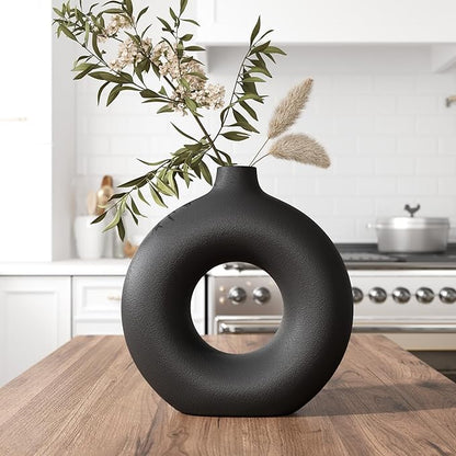 Minimalist Black Donut Ceramic Vase-9 Inch Boho Hollow Flower Vases for Tables Shelves Home Decor, Modern Decorative Circular Vase for Pampas Grass, Dried Flowers, Living Room, Farmhouse