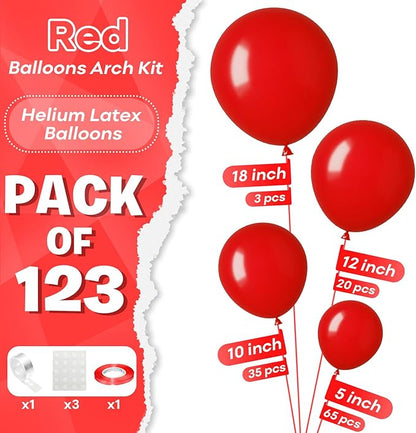 Togvu Red Balloons Different Sizes, 123 Packs Matte Red Balloons, Pack of 18 12 10 5 Inch Premium Red Balloons Garland Arch Kit for Valentine's Day Birthday Wedding Christmas Party Decorations