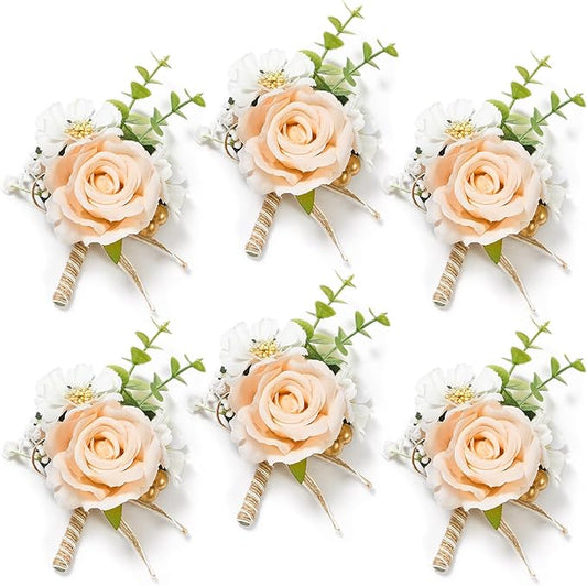 Serwalin 6PCS Champagne Rose Boutonniere for Men Wedding Groom Groomsmen Best Man Boutonniere for Wedding Ceremony Anniversary Prom Flowers Formal Dinner Party