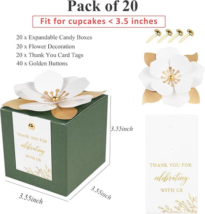 FEIYI 20 PCS Gift Boxes, 3 In 1 Olive Green Favor Boxes with Floral Decor, White Thank You Tags Cupcake Containers Gift wrapping for Wedding, Baby Shower, Birthday, Decorations Party - 3.55x3.55x3.55