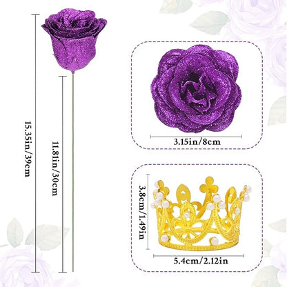 Waipfaru Glitter Roses Bouquet, DIY Fake Flowers Bouquet, Birthday Gifts for Women Mom, 24 Pcs Purple Rose for Wife Girlfriend Valentines, Mothers Day, Anniversary, Graduation