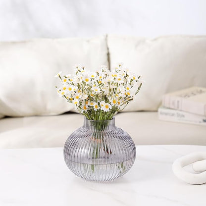 Black Glass Vase for Tulips, Ribbed Glass Vase for Flowers, Round Flower Vases, Small Short Vases for Living Room, Office, Coffee Table, Shelf, Wedding, 6 Inches
