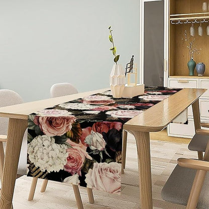 Gothic Flower Table Runner, Vintage Peony Rose Rustic Farmhouse Natural Spring Black Floral Leaves Table Runner for Home Indoor Outdoor Party Wedding Decor, 13x70inch
