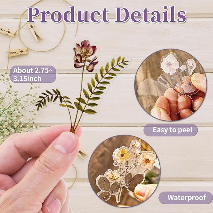 Natural Flower Sticker for Scrapbooking,PET Nature Plant Stickers Floral Stickers Vintage Craft Sticker,for Journaling Scrapbooking Clear Flower Decal (Style A)