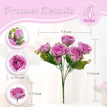 4 Packs Artificial Peonies Silk Flowers: Faux Peony Bouquet 4 Bundles, Fake Peonies Flowers Bulk for Centerpiece Table Wedding Party Home Decor for Christmas Decoration (Light Purple)