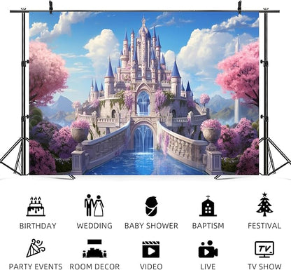 7x5ft Princess Castle Backdrop Pink Floral Blue Sky Photography Background White Cloud Forest Mountain Girls Birthday Baby Shower Banner Decorations Wedding Party Portrait Photo Booth Prop
