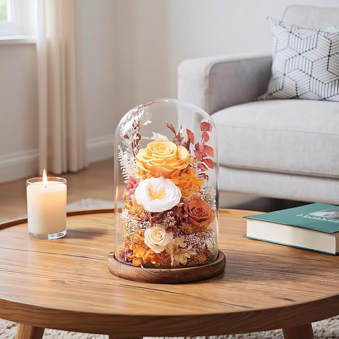 Flowers for Delivery Prime Preserved Flowers Rose in Glass Dome,Orange Rose Forever Flowers Birthday Gifts for Women Mom Grandma Friend Thanksgiving Gifts for Her,Home Decor