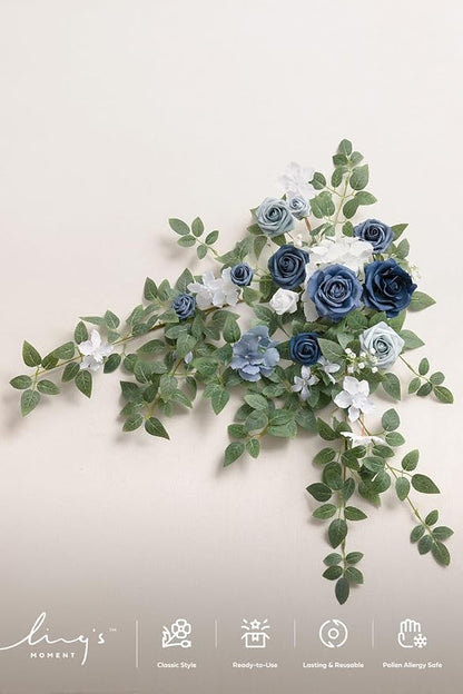 Ling's moment Wedding Artificial Welcome Sign Flowers Swag Arch Floral Garland Decorations Dusty Blue Navy for Ceremony Reception Entrance Entryway Party Banquets Easel Home Outdoor(NOT Include Sign)
