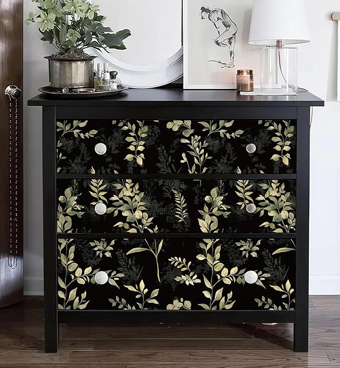 Peel and Stick Wallpaper Boho Leaf Removable Wallpaper Black Textured Renter Friendly for Bathroom Botanical Floral Self Adhesive Contact Paper for Cabinet Countertop 17.5 x 118 in