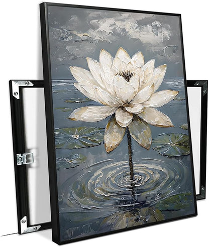 Stunning white lotus emerges from prismatic water with delicate petals background Serene aquatic wall art suitable for modern minimalist decor 16x24in Metal blackFramed