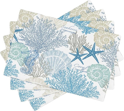Starfish Placemats, Watercolour Summer Blue Underwater Coral Seashells Starfish Seahorse Sea Animals Print Washable Fabric Placemats Table Kitchen Dining Party 12x18 Inch Set of 6