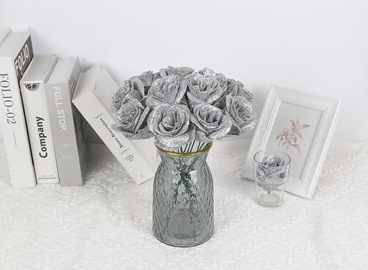 30PCS Silver Roses Artificial Flowers Fake Glitter Roses Silk Flower for DIY Crafts Wedding Bouquet Party Home Decor(Silver)
