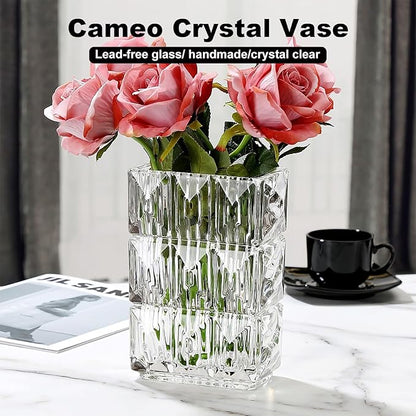 Glass Flower Vase, Clear Crystal Vases for Centerpieces, Heavy Handmade Modern Vases for Decor Home Bedroom Kitchen Office Living Room, 7.88 Inch (Clear)