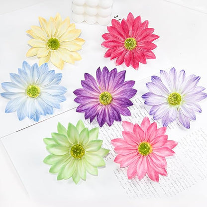 Fabric Daisy Flower Head in Bulk, 12 Pcs Artificial Daisy Flower Heads for Crafts, 3.5 Inch Faux Flowers Silk Daisy Flower Heads for Hats, Costume, Home Wedding, Christmas (Light Blue)