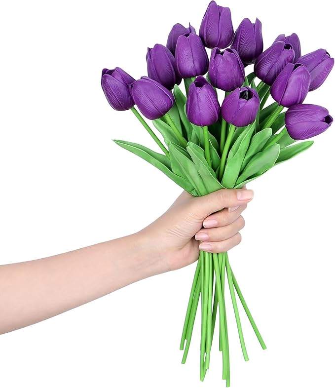 SITUMEIZI 15pcs Tulips Fake Artificial Flowers Real Touch 14" Silk Flower for Home Decor Easter Spring Wedding Bouquet Decorations Mother's Gift Day Floral Arrangements(Deep Purple)