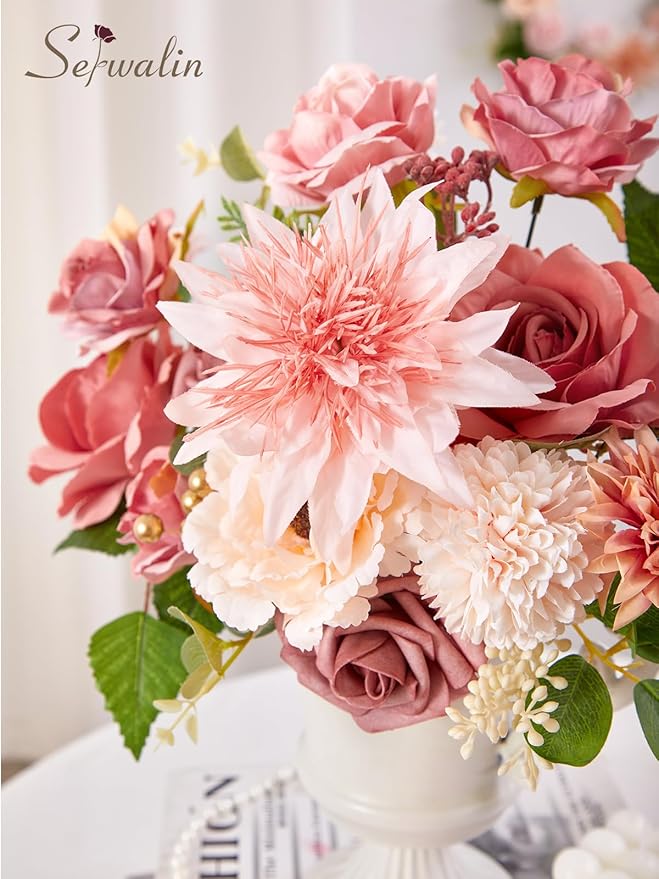 Serwalin Pink Artificial Flowers, Fake Silk Dahlia Flowers Wedding Cake Flowers for Wedding Bouquets Table Centerpieces Baby Shower Home Decor