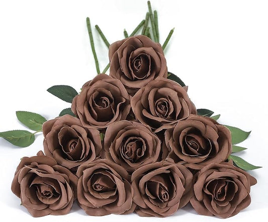 DuHouse 10pcs Fake Roses Artificial Silk Flowers Long Stems Bouquet for Arrangement Wedding Centerpiece Party Home Kitchen Decor(Mocha Brown)