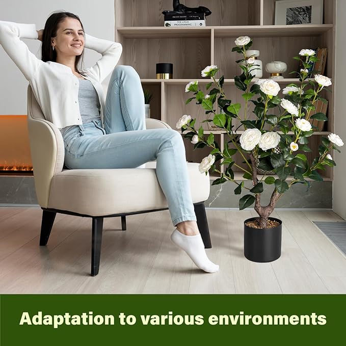 Artificial Camellia Tree,2Pack 3FT Faux White Camellia Plants in Pots,Lifelike Artificial Flower Trees for Indoor Outdoor Home Decor,Realistic Blooming Faux Plants for Bedroom Porch Patio Office