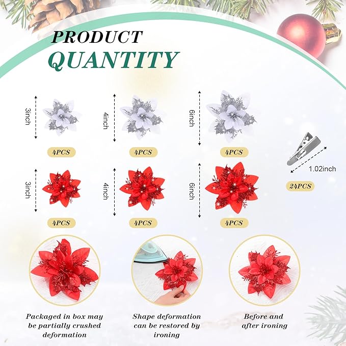 Geosar 24 Christmas Glitter Artificial Poinsettia Flowers Xmas Poinsettia Wedding Flowers Decorations Xmas Tree Ornaments with Clips for Party Favors, 6 Inch, 4 Inch, 3 Inch(Red and Sliver)