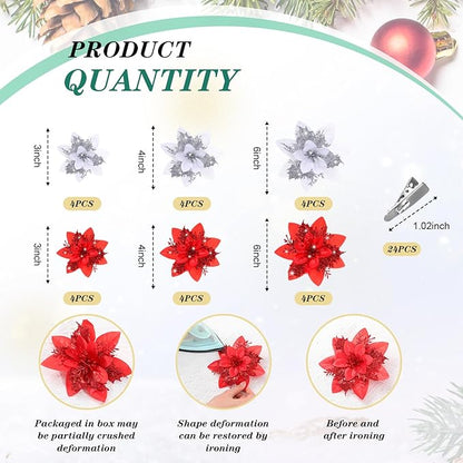 Geosar 24 Christmas Glitter Artificial Poinsettia Flowers Xmas Poinsettia Wedding Flowers Decorations Xmas Tree Ornaments with Clips for Party Favors, 6 Inch, 4 Inch, 3 Inch(Red and Sliver)