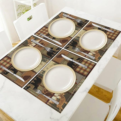Retro Rustic Lodge Bears Placemats Set of 6, Vintage Cabin Farmhouse Country Style Place Mats, Heat Resistant Non Slip Cotton Linen Dining Table Mats for Home Kitchen 18x12 Inch