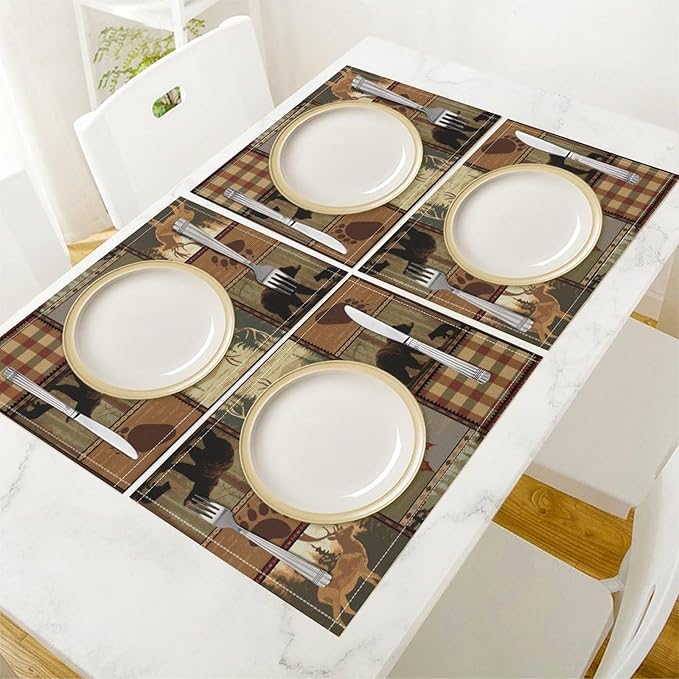 Retro Rustic Lodge Bears Placemats Set of 4, Vintage Cabin Farmhouse Country Style Place Mats, Heat Resistant Non Slip Cotton Linen Dining Table Mats for Home Kitchen 18x12 Inch