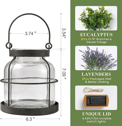 Vintage Farmhouse Lantern Decor LED Lighted Vase, Rustic Glass Vase with Artificial Flowers 4pcs Lavenders & Eucalyptus, Farmhouse Table Centerpiece for Floral Arrangements-Hidden Switch Lid