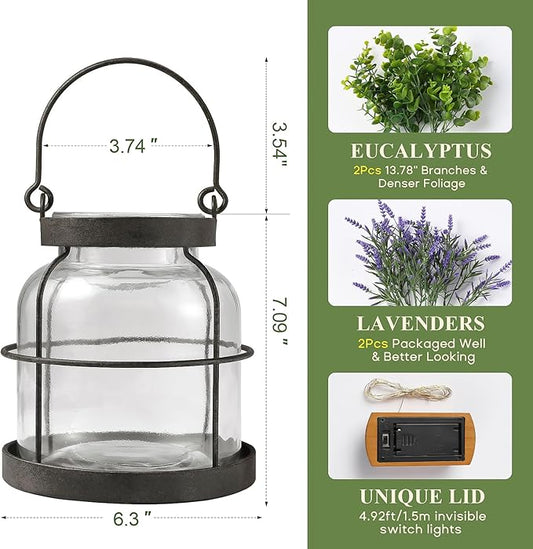 Vintage Farmhouse Lantern Decor LED Lighted Vase, Rustic Glass Vase with Artificial Flowers 4pcs Lavenders & Eucalyptus, Farmhouse Table Centerpiece for Floral Arrangements-Hidden Switch Lid