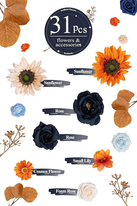 TINGE TIME Artificial Flowers Burnt Orange & Navy Blue Flower Combo for DIY Wedding Bouquets Table Centerpieces Arrangements Party Baby Shower Home Fall Decorations