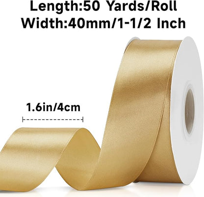 KINGLAKE Champagne Gold Satin Ribbon 1 1/2 inch x 50 Yards - Polyester Silk Hair Ribbons, Fabric Gold Ribbon for Gift Wrapping, Floral Bouquets, Craft Bow, Wedding, Valentines Day
