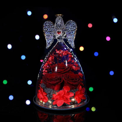 Mothers Day Rose Gifts for Women, Large Angel Figurines with Real Roses, Preserved Real Flower Rose for Her - Wine Red