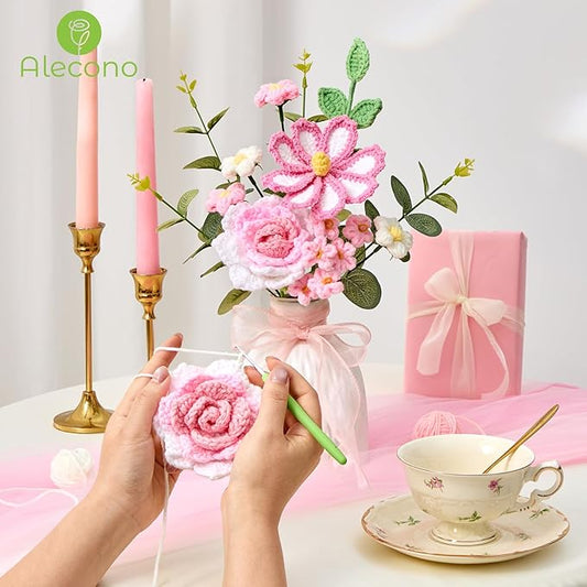 Alecono Crochet Flower Bouquet, Knitted Flowers, Pink Handmade Bouquet of Flowers for Lover Anniversary Birthday Party Mother's Day Graduation Gifts (Include Card)