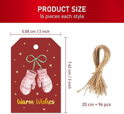 96 Pcs Christmas Gift Tags, Watercolor Christmas Hanging Tags Label Gold Foil with Hemp Rope Xmas Present Tag for DIY Xmas Holiday Present Wrapping Decorations, 6 Styles