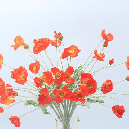 2 Pcs Artificial Fake Flowers Plants Poppies Silk Flower Arrangements Wedding Bouquets Decorations Plastic Floral Table Centerpieces for Home Kitchen Garden Party Decor Approx 23.6" High - Dark Orange