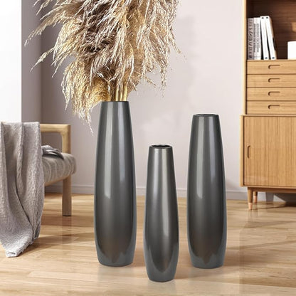 Silvery Ceramic Tall Floor Vase,17.7 Inch Large Modern Flower Vases for Home Décor,Wicker Big Floor Vases Decorations for Farmhouse, Living Room,Bedroom,Standing Plastic Vase Decorative Tall