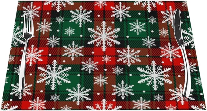 PVC Placemats Set of 1 Wipeable Table Mats Washable Heat Resistant Non Slip Vinyl Dining Table Mat for Kitchen Indoor Outdoor Patio Farmhouse Place Mats Grid Green Red Xmas Decorative