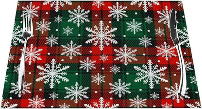 PVC Placemats Set of 1 Wipeable Table Mats Washable Heat Resistant Non Slip Vinyl Dining Table Mat for Kitchen Indoor Outdoor Patio Farmhouse Place Mats Grid Green Red Xmas Decorative