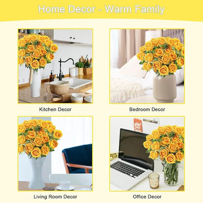 15Pcs Pearl Yellow Roses Artificial Flowers Fake Roses Long Stem Velet Rose Silk Flowers for Home Wedding Decoration (Pearl Rose,Yellow)