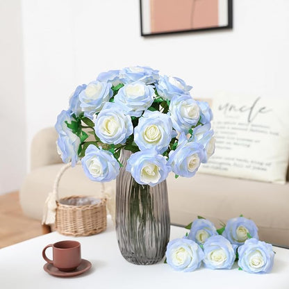 Nubry Artificial Silk Rose Flower Bouquet Lifelike Fake Rose for Wedding Home Party Decoration Event Gift 10pcs (Gradient Light Blue)