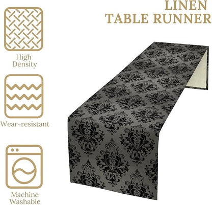 Black Damask Table Runner,Gothic Antique Victorian Floral Boho Table Runner for Home Kitchen Table Dining Garden Farmhouse Wedding Party Decor 13x90 Inch