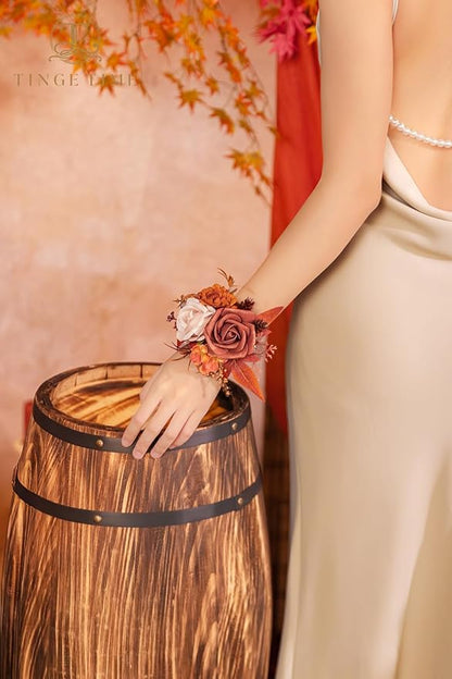 TINGE TIME Set of 2 Wrist Corsage Bracelets Pearl Wristlet Band Bridesmaid Bracelet for Wedding Ceremony Bridal Shower Wedding Artificial Flower Prom (Maple Red)