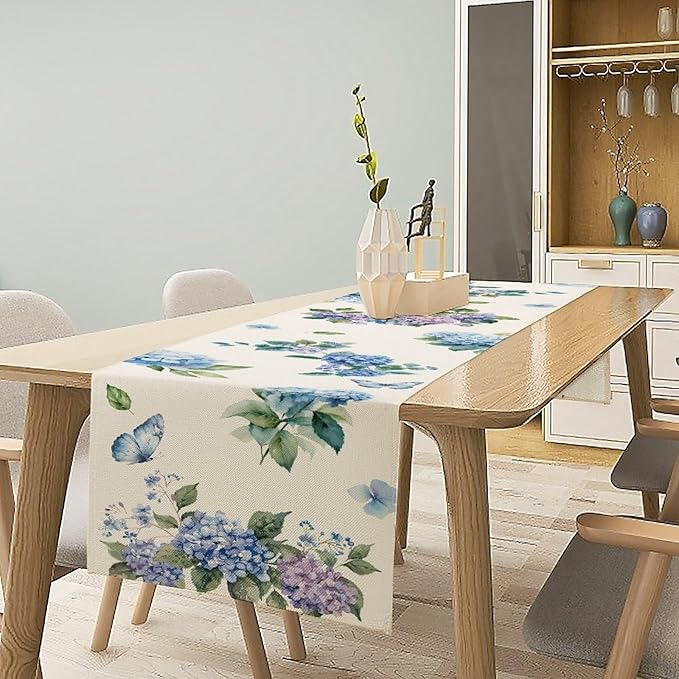 Blue Floral Table Runner, Spring Summer Watercolor Hydrangea Flower Butterfly Country Farmhouse Coffee Table Center Decor for Home Kitchen Dining Patio Holiday Party Table Decorations 13x36 inches