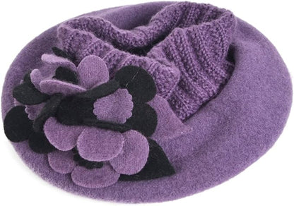 VECRY Lady French Beret 100% Wool Beret Floral Dress Beanie Winter Hat