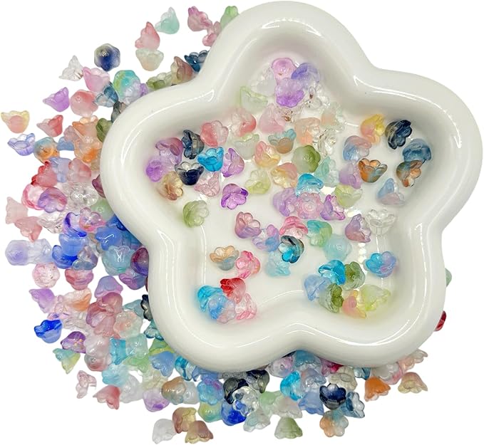 200PCS Bellflower Glass Beads, Gradient Clear Bead for Jewelry Making, Mixed Color Trumpet Flower Beads for Keychains Earrings Bracelets Necklaces Lanyard DIY Handicrafts
