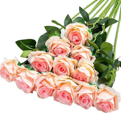 Hawesome 12PCS Artificial Silk Flowers Realistic Roses Bouquet Long Stem for Home Wedding Decoration Party (Gradient Light Pink)