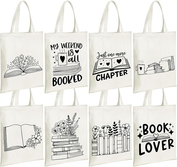 Sweetude 8 Pcs Christmas Book Lovers Club Gifts Bulk Canvas Tote Bags Bookish Librarian Reader Gift for Women Teacher Present(Basic Style)